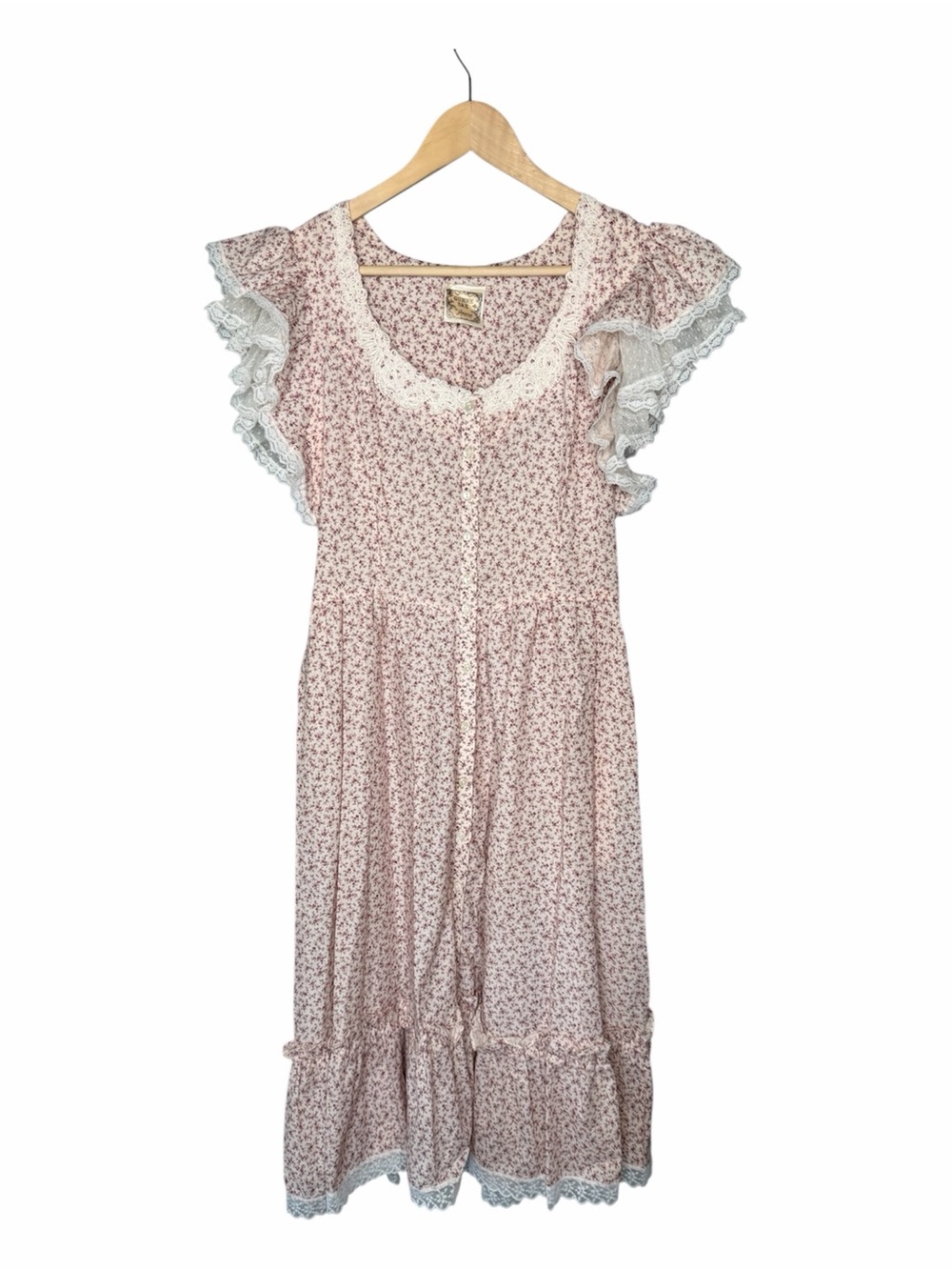 GUNNE SAX Vintage 70s Ditsy Floral Calico Lace Flutter Sleeve Prairie Dress - Picture 2 of 15